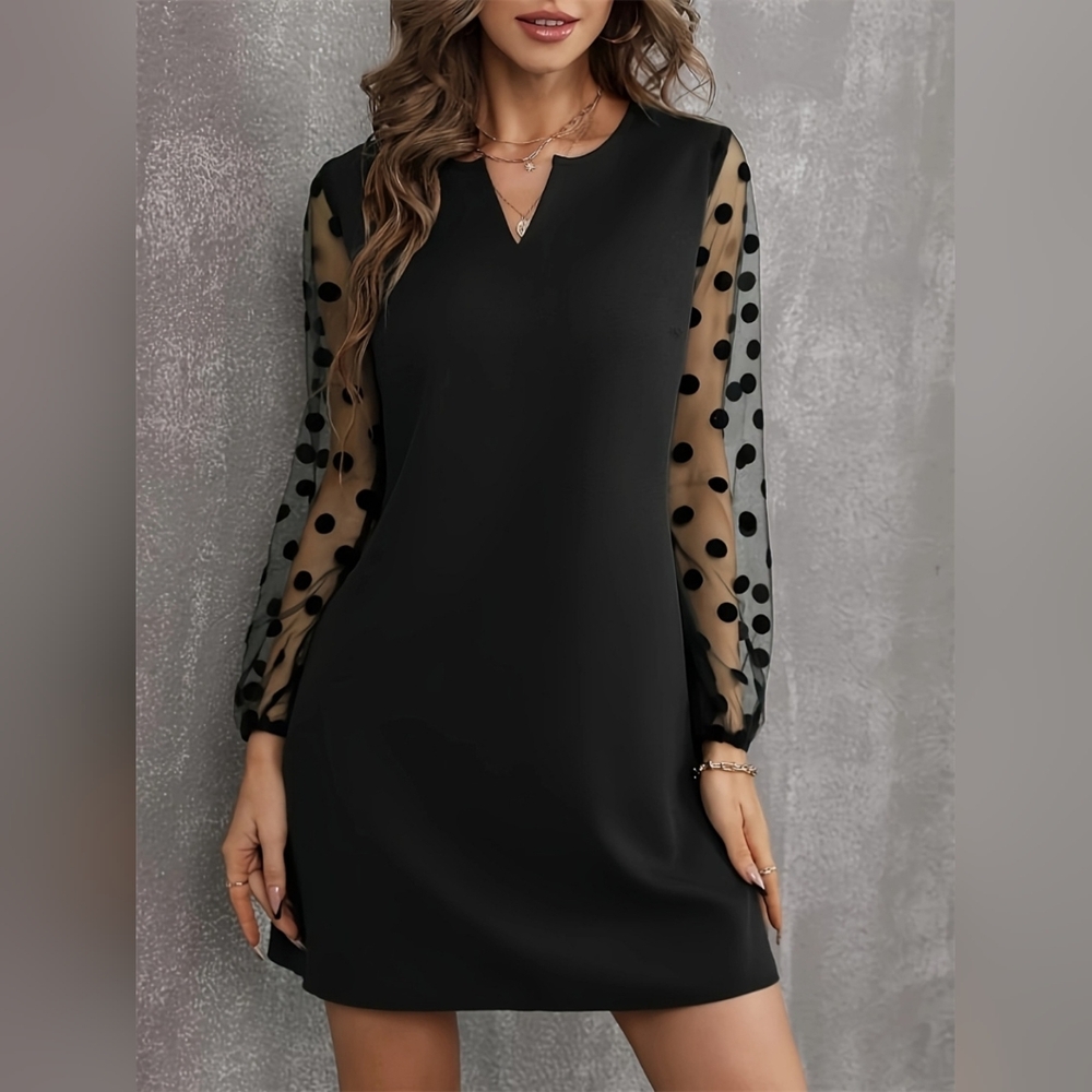 Black Mesh Sleeve Polka Dot  Dress